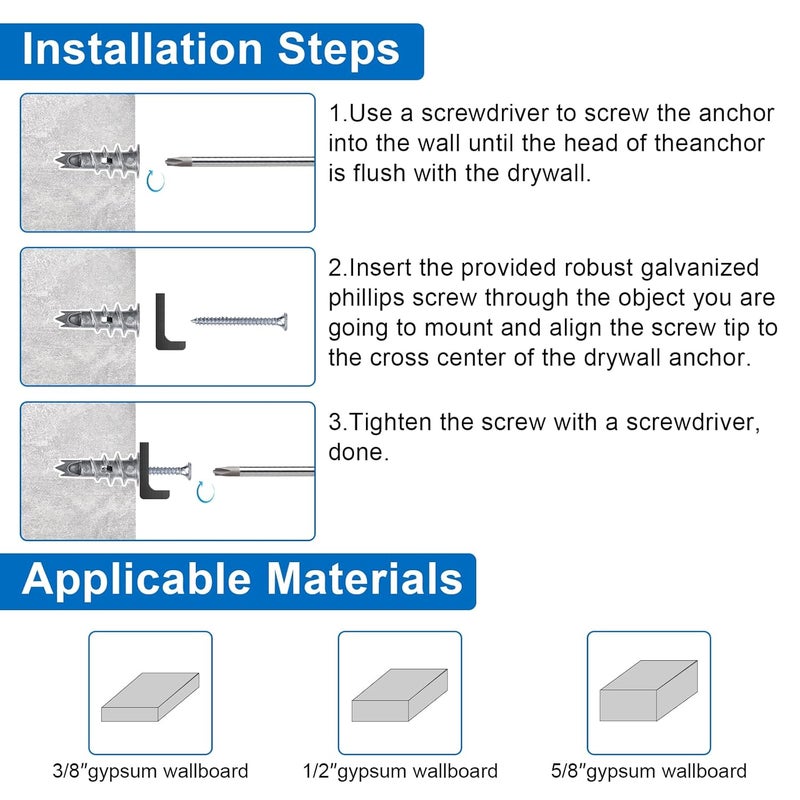 Vmuter Zinc Self-Drilling Drywall Anchors with Screws Kit, 104 Pack 3 Size, 52 Heavy Duty Metal Wall Anchors and 52 Screws - Image 5